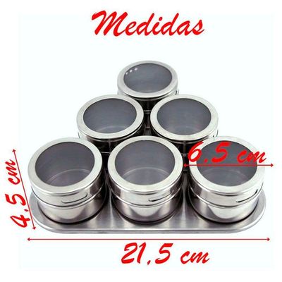 Porta Condimento Tempero Magnético Inox 6 Potes Com Imã