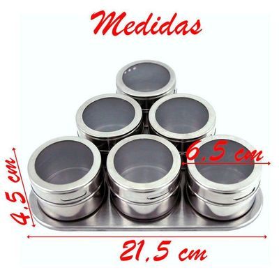 Porta Condimento Tempero Magnético Inox 6 Potes Com Imã