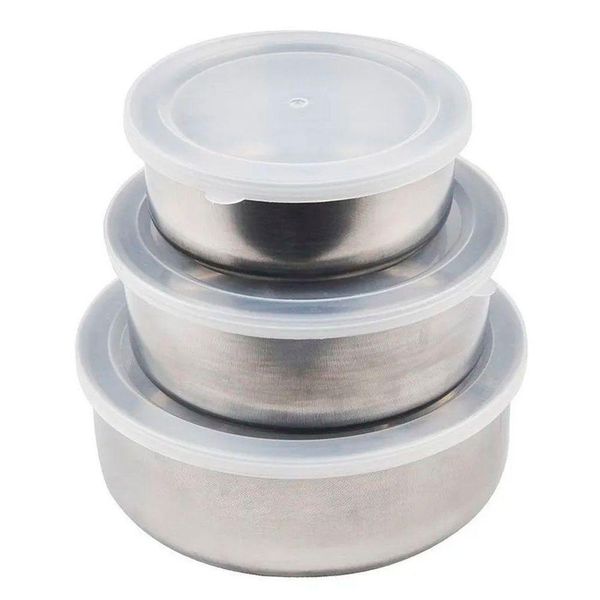 Kit Conjunto 3 Potes Inox Com Tampa Plástica