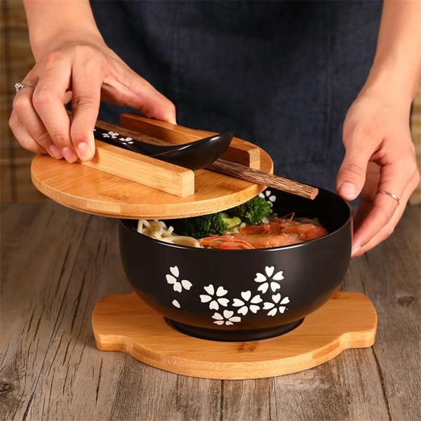 Tigela de Cerâmica para Macarrão Japonês 1000ml com Tampa, Colher e Hashi branco