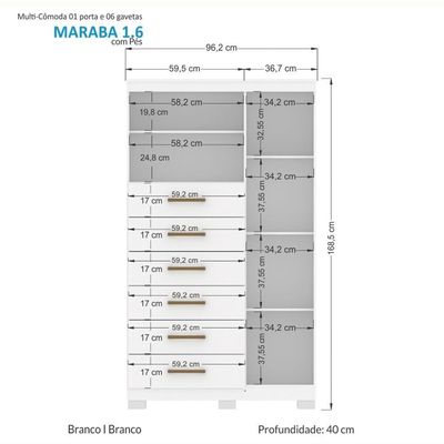 Cômoda De Madeira 6 Gavetas 1 Porta Marabá Santos Andirá Branco