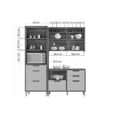 Cozinha Completa Imperatriz 3 Peças (1 Aéreo + 1 Balcão + 1 Paneleiro) C6p43 Freijo-off White - Nesher