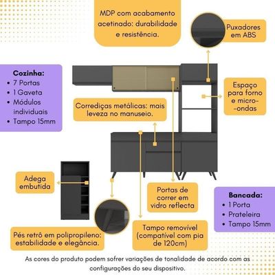 Cozinha Modulada Com Bancada Americana Veneza Multimóveis Mp2208 Preto Preto