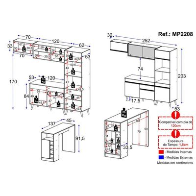 Cozinha Modulada Com Bancada Americana Veneza Multimóveis Mp2208 Branco/preto Branco/preto
