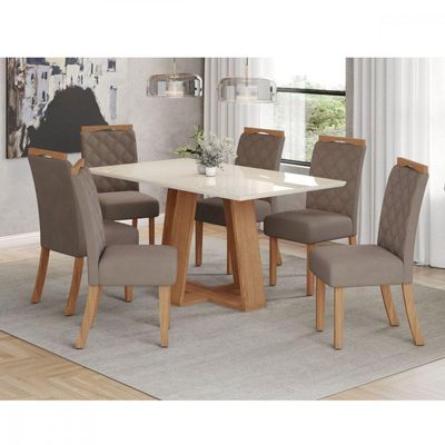 Conjunto De Mesa Henn Lins Com 6 Cadeiras Bella 1,60 Nature-off White-marrom Amêndoa