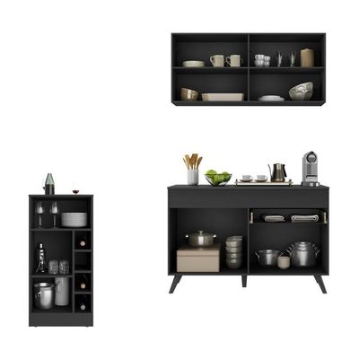 Cozinha Compacta Com Bancada Americana 1 Porta Veneza Multimóveis Mp2207 Preto Preto