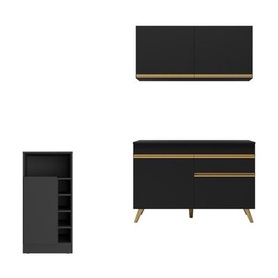 Cozinha Compacta Com Bancada Americana 1 Porta Veneza Multimóveis Mp2207 Preto/dourado Preto/dourado