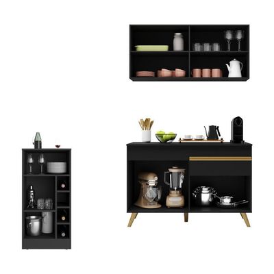 Cozinha Compacta Com Bancada Americana 1 Porta Veneza Multimóveis Mp2207 Preto/dourado Preto/dourado