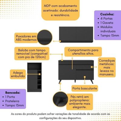 Cozinha Compacta Com Bancada Americana 1 Porta Veneza Multimóveis Mp2207 Preto Preto
