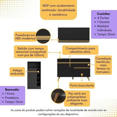 Cozinha Compacta Com Bancada Americana 1 Porta Veneza Multimóveis Mp2207 Preto/dourado Preto/dourado