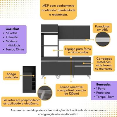 Cozinha Compacta Com Bancada Americana/mesa Veneza Multimóveis Mp2211 Preto/branco Preto/branco