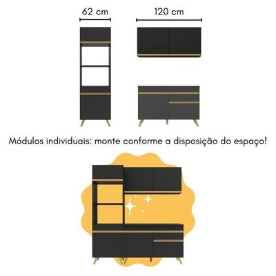 Cozinha Compacta Com Bancada Americana/mesa Veneza Multimóveis Mp2211 Preto/dourado Preto/dourado