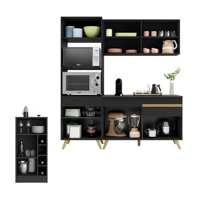 Cozinha Compacta Com Bancada Americana/mesa Veneza Multimóveis Mp2211 Preto/dourado Preto/dourado