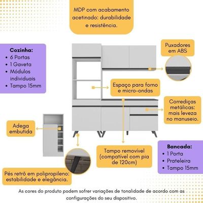 Cozinha Compacta Com Bancada Americana/mesa Veneza Multimóveis Mp2211 Branco/preto Branco/preto