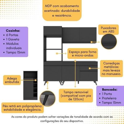 Cozinha Compacta Com Bancada Americana/mesa Veneza Multimóveis Mp2211 Preto Preto
