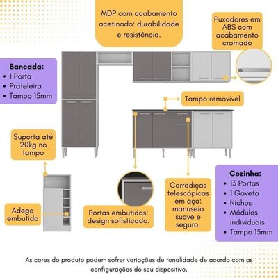 Armário De Cozinha Modulado Com Bancada Americana Xangai Multimóveis Mp2206 Branco/lacca Fumê Branco/lacca Fumê
