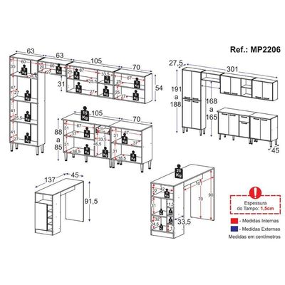 Armário De Cozinha Modulado Com Bancada Americana Xangai Multimóveis Mp2206 Branco/lacca Fumê Branco/lacca Fumê