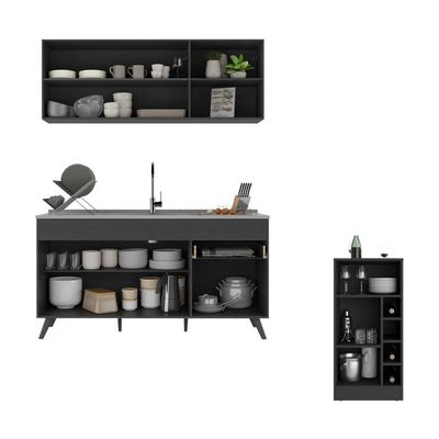 Armário De Cozinha Compacta Com Mesa Gourmet Veneza Multimóveis Mp2201 Preto Preto