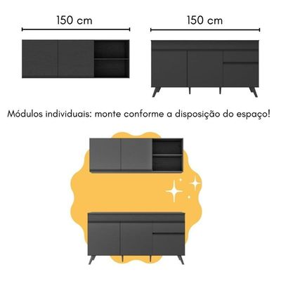 Armário De Cozinha Compacta Com Mesa Gourmet Veneza Multimóveis Mp2201 Preto Preto