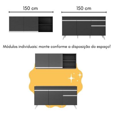 Armário De Cozinha Compacta Com Bancada Americana Veneza Multimóveis Mp2200 Preto/branco Preto/branco