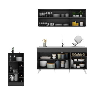 Armário De Cozinha Compacta Com Bancada Americana Veneza Multimóveis Mp2200 Preto/branco Preto/branco