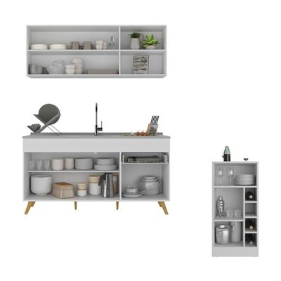 Armário De Cozinha Compacta Com Mesa Gourmet Veneza Multimóveis Mp2201 Branco/dourado Branco/dourado