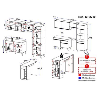 Armário De Cozinha Compacta Com Mesa/bancada Veneza Multimóveis Mp2210 Preto/branco Preto/branco
