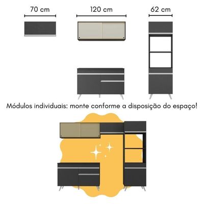 Armário De Cozinha Modulado Com Bancada Americana Multimóveis Mp2209 Preto/branco Preto/branco