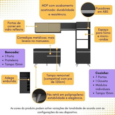 Armário De Cozinha Modulado Com Bancada Americana Multimóveis Mp2209 Preto/branco Preto/branco
