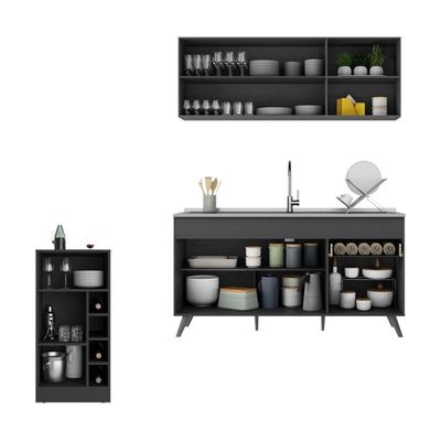 Armário De Cozinha Compacta Com Bancada Americana Veneza Multimóveis Mp2200 Preto Preto