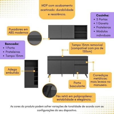 Armário De Cozinha Compacta Com Bancada Americana Veneza Multimóveis Mp2200 Preto Preto
