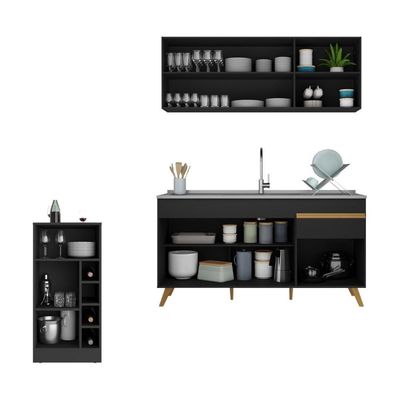 Armário De Cozinha Compacta Com Bancada Americana Veneza Multimóveis Mp2200 Preto/dourado Preto/dourado