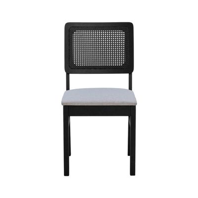 Kit 2 Cadeiras Madeira Maciça Lyon Encosto Telinha - Preto Assento Estofado Linho Bege Mescla Impermeável