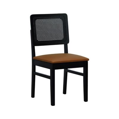 Kit 2 Cadeiras Madeira Maciça Lyon Encosto Telinha - Preto Assento Estofado Corano Caramelo