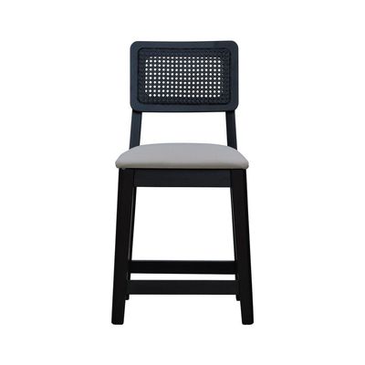 Kit 2 Banquetas Baixa-cadeira Gabi Madeira Maciça Encosto Telinha Assento Estofado - Preto Assento Estofado Linho Bege