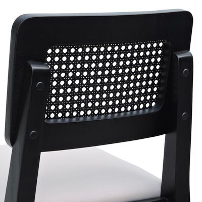 Kit 2 Banquetas Baixa-cadeira Gabi Madeira Maciça Encosto Telinha Assento Estofado - Preto Assento Estofado Linho Bege