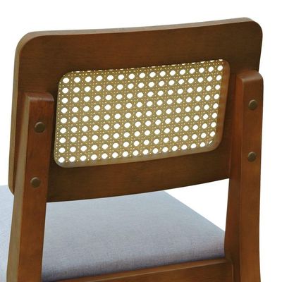 Kit 2 Banquetas Baixa-cadeira Gabi Madeira Maciça Encosto Telinha - Amêndoa Assento Estof. Linho Bege Mescla Impermeável