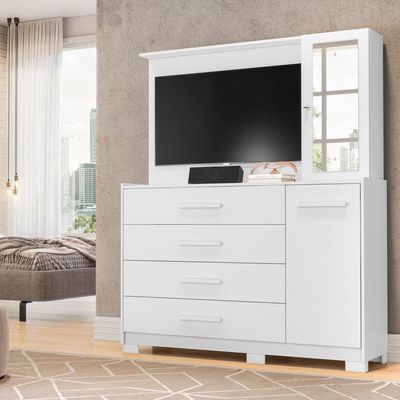 Cômoda Com Painel Para Tv 43 Ilha Bela 4 Gavetas Branco Fosco Liso