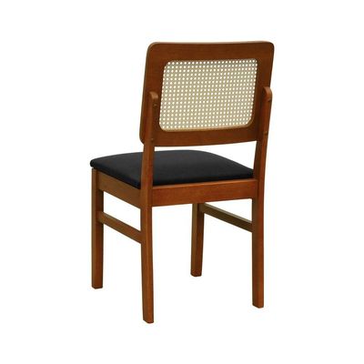 Cadeira Lyon Madeira Maciça Encosto Telinha Natural - Amêndoa Assento Estofado Linho Preto Textura