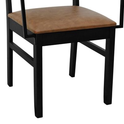 Cadeira Lyon Madeira Maciça Encosto Telinha C- Braço Metal - Preto Assento Estofado Corano Marrom Mescla