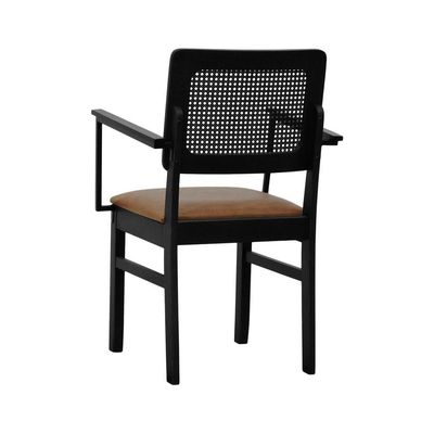 Cadeira Lyon Madeira Maciça Encosto Telinha C- Braço Metal - Preto Assento Estofado Corano Marrom Mescla