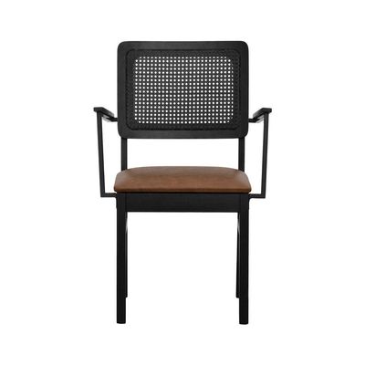 Cadeira Lyon Madeira Maciça Encosto Telinha C- Braço Metal - Preto Assento Estofado Corano Marrom Mescla