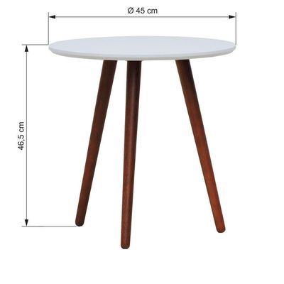 Mesa Lateral Tripé Tampo Mdf E Pés Madeira Eucalipto Maciço - Amêndoa Branco