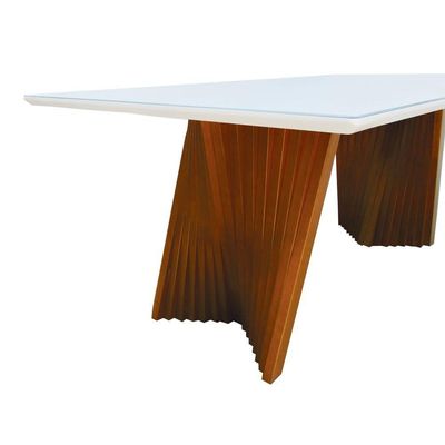 Mesa De Jantar Gus 200x100cm Tampo Mdf Laqueado Com Vidro - Amêndoa Off White