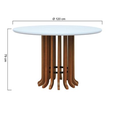 Mesa De Jantar Denver Amêndoa Tampo ø120 Mdf Com Vidro Tampo ø120 Mdf Branco-vidro Branco