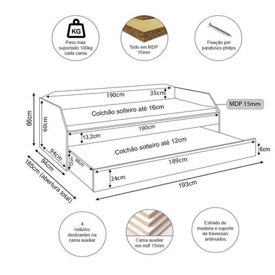 Bicama Solteiro Duo Com Cama Auxiliar Em Mdf Premium Branco - Cor: Branco