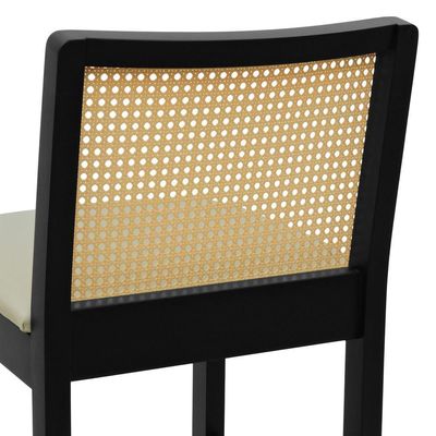 Banqueta Média Pérola - Preto Assento Estofado Linho Bege