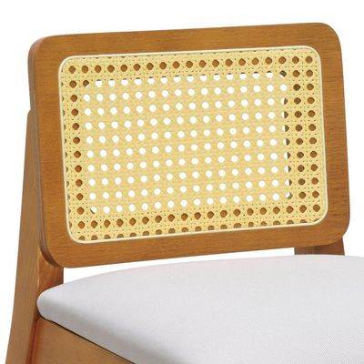 Banqueta Média Gabi Madeira Maciça Telinha Natural - Amêndoa Assento Estofado Linho Bege