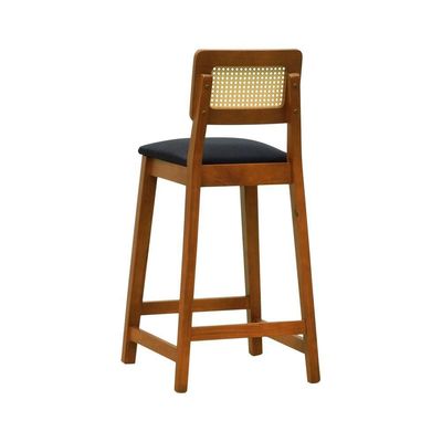 Banqueta Gabi Madeira Maciça Encosto Telinha C- 68cm Altura - Amêndoa Assento Estofado Linho Preto Textura
