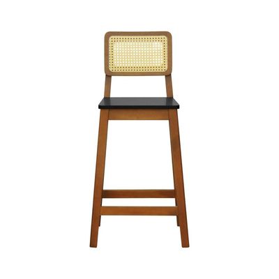 Banqueta Gabi Madeira Maciça Encosto Telinha C- 68cm Altura - Amêndoa Assento Preto Madeira
